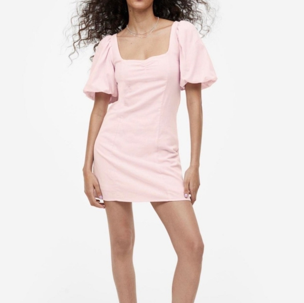Pink Linen Puff Sleeve Dress